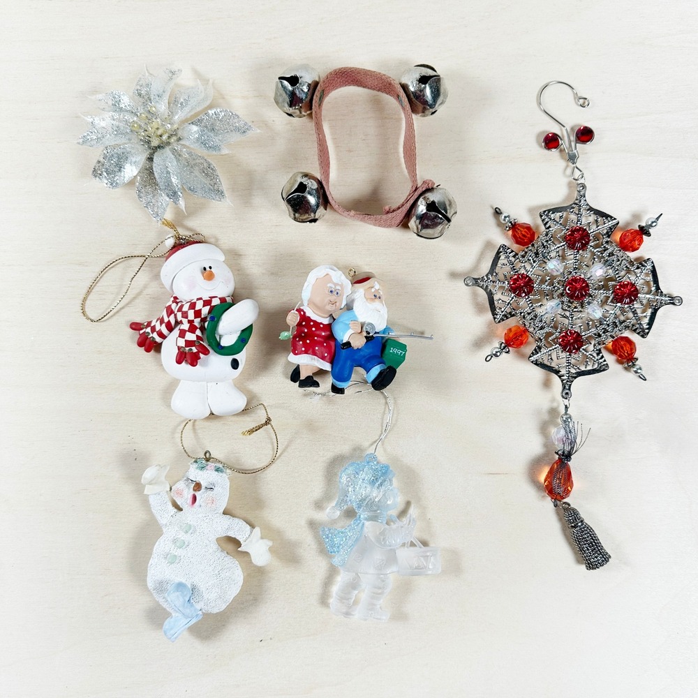 Lot of Snowman Fishing Poinsettia Christmas Ornaments Silver Metal White Ceramic